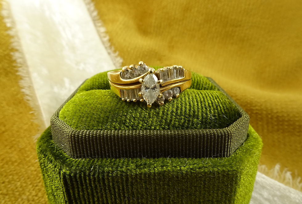 Thumbnail: 14k Vintage Yellow Gold Marquise Baguette Diamond Ring Soldered Wedding Set Sz 6