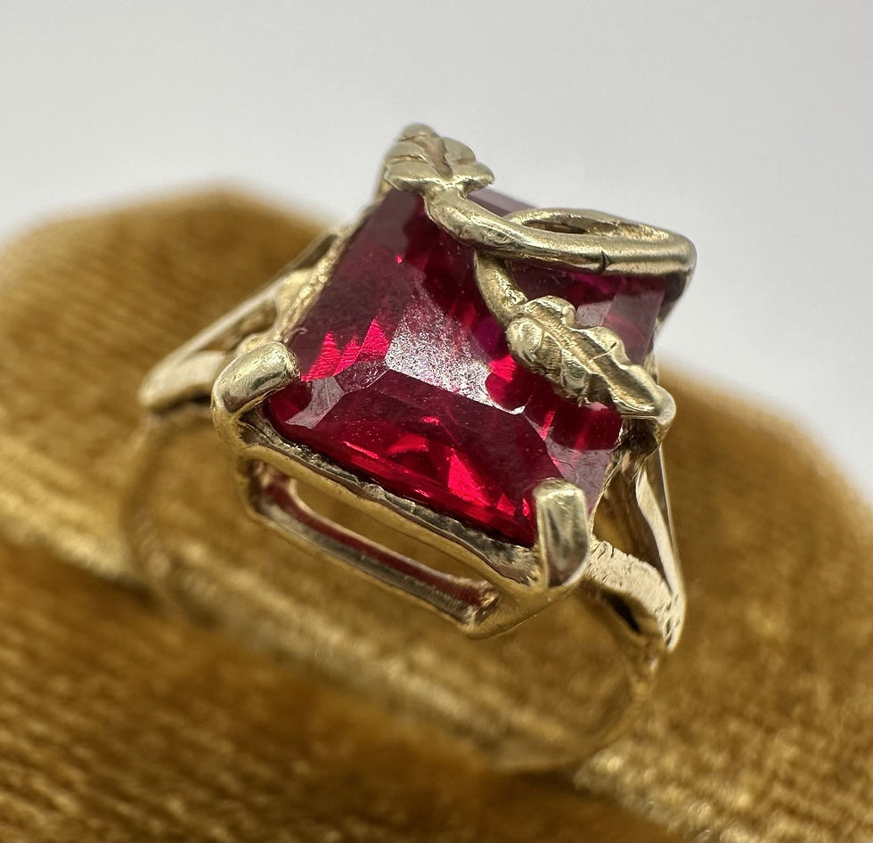 Thumbnail: Vintage 10k Yellow Gold Emerald Cut Ruby Ring ~ Sz 5.5
