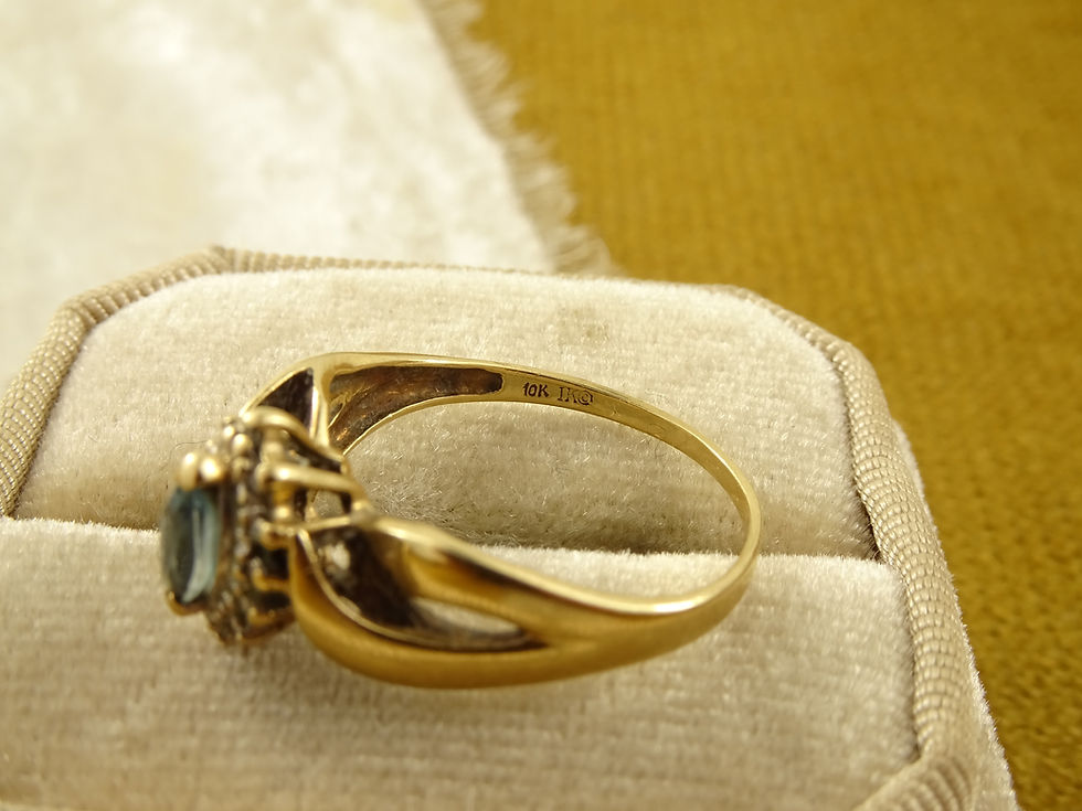 Thumbnail: Vintage 10K Yellow Gold Marquise Smokey Blue Topaz & Diamond Ring 0.15 ct Sz 8