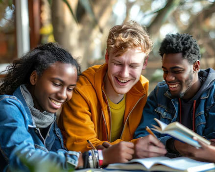group of four diverse students studying together laughing