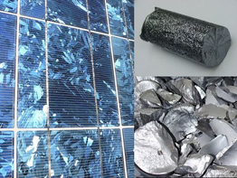Photos of polycrystalline silicone rod, wafers, and solar cells.