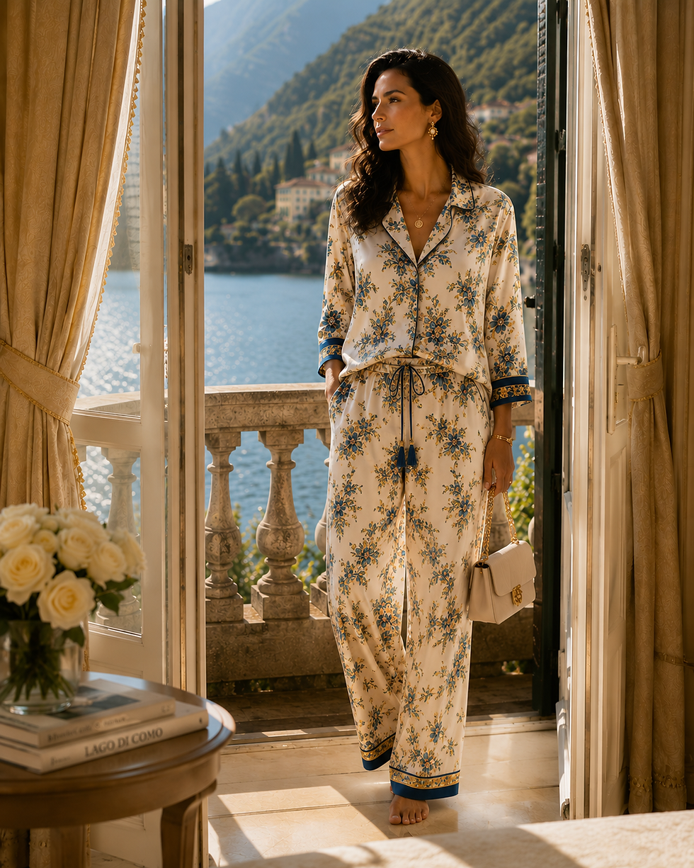 Thumbnail: Woman wearing a bespoke printed silk satin pajama set styled as resort wear