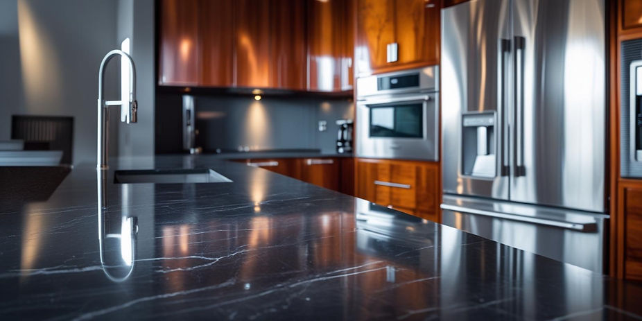 dark shiny marble countertop, polished wooden cabinets, and stainless steel appliances..jp