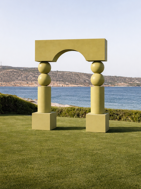 Contemporary sculptural wedding arch available for event equipment rental in Mykonos and surrounding islands.