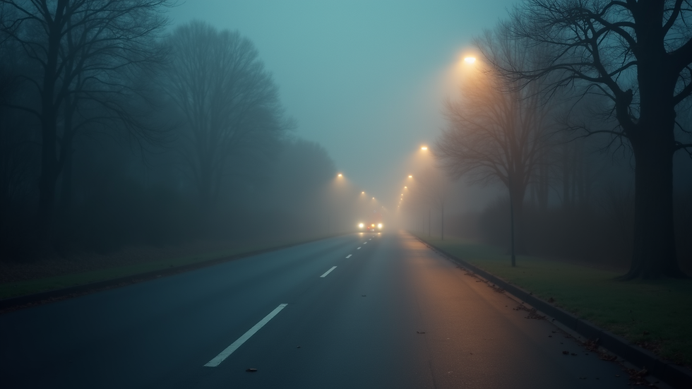 Close-up view of a foggy street with dim streetlights