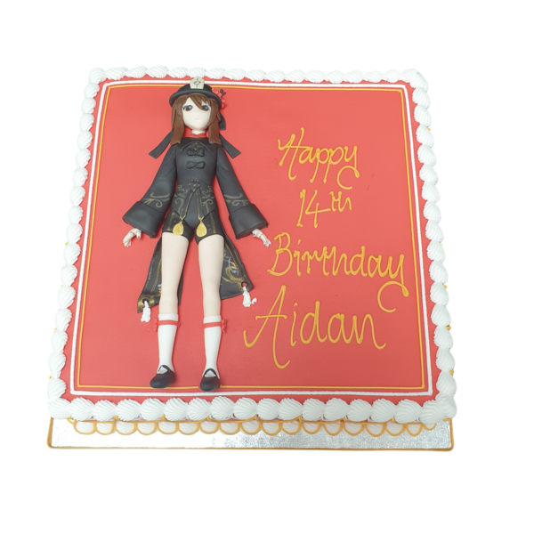 A colourful and vibrant anime character-themed cake with intricate designs, perfect for fans of Japanese animation in the UK.