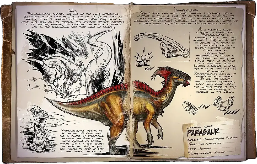 Parasaurio de ARK: Survival Ascended representado en un dossier de explorador