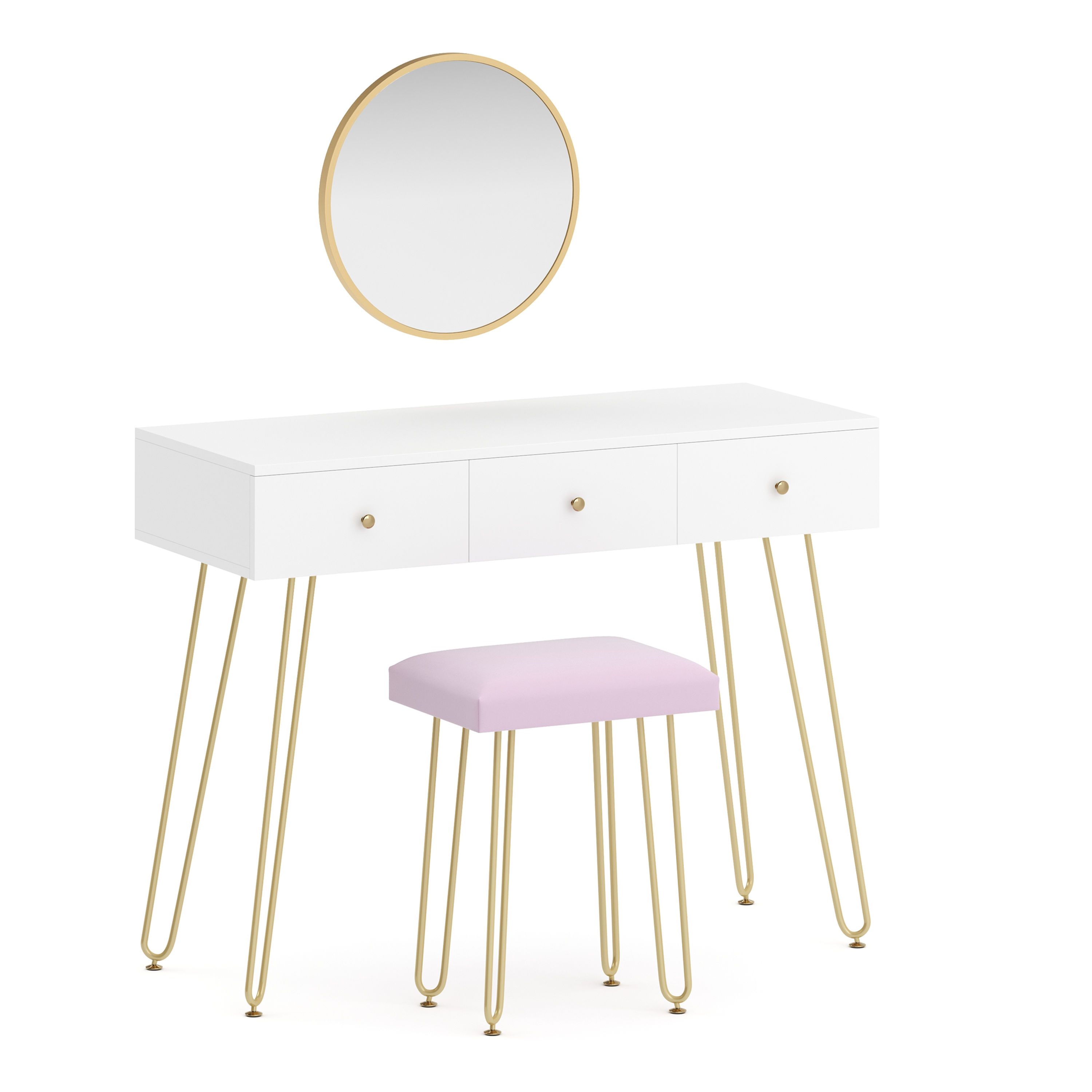 Schminktisch mit Hocker und Spiegel APHRODITE 100 x 40 cm weiss/gold/rosa