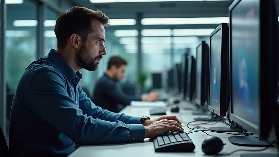 Close-up view of a technician repairing a computer in a modern office