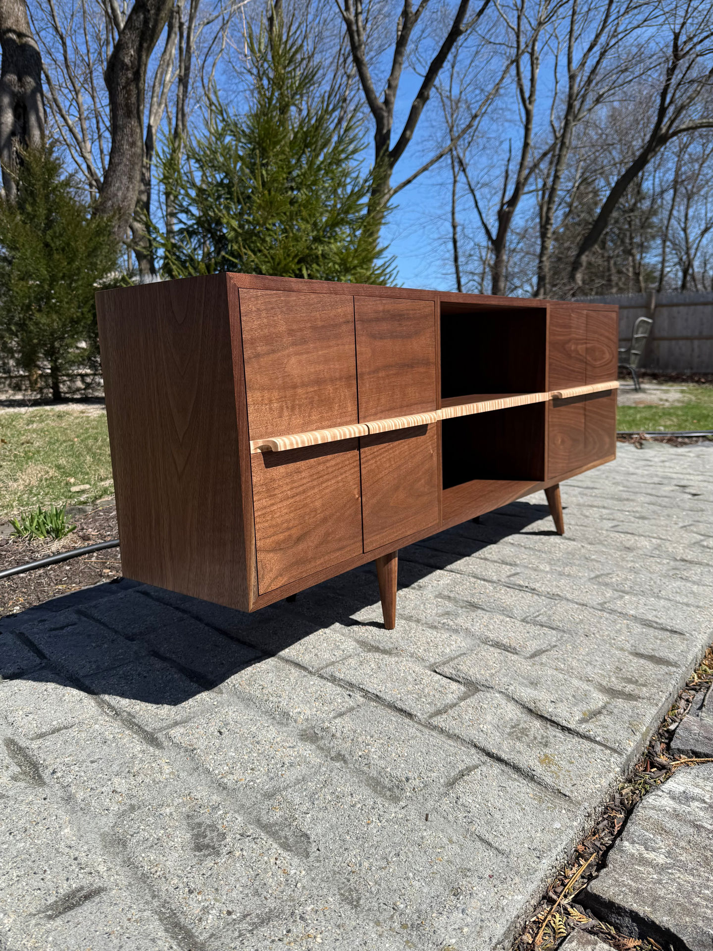 handmade black walnut and tiger maple mid-century TV console