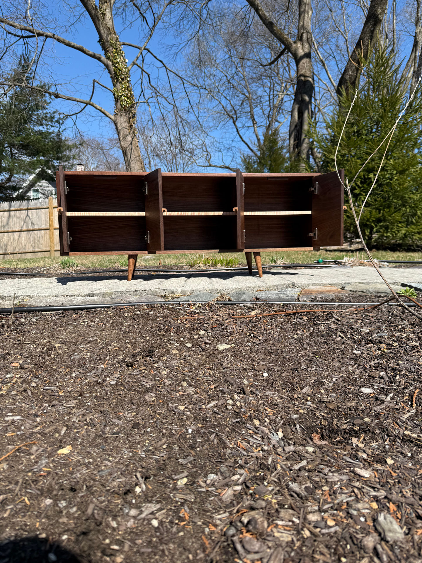 handmade black walnut and tiger maple mid-century TV console
