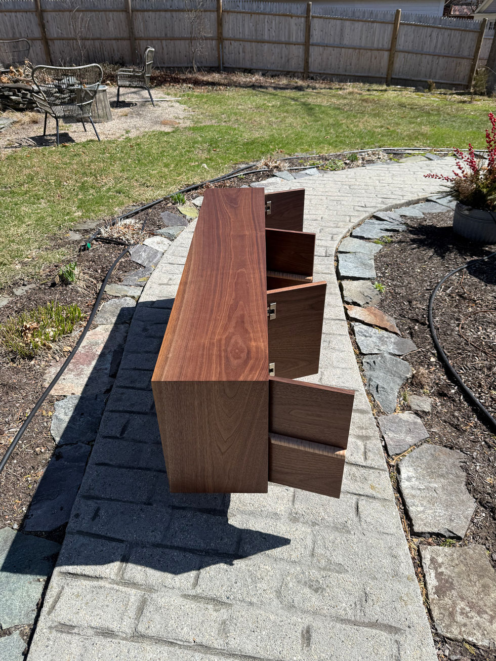handmade black walnut and tiger maple mid-century TV console