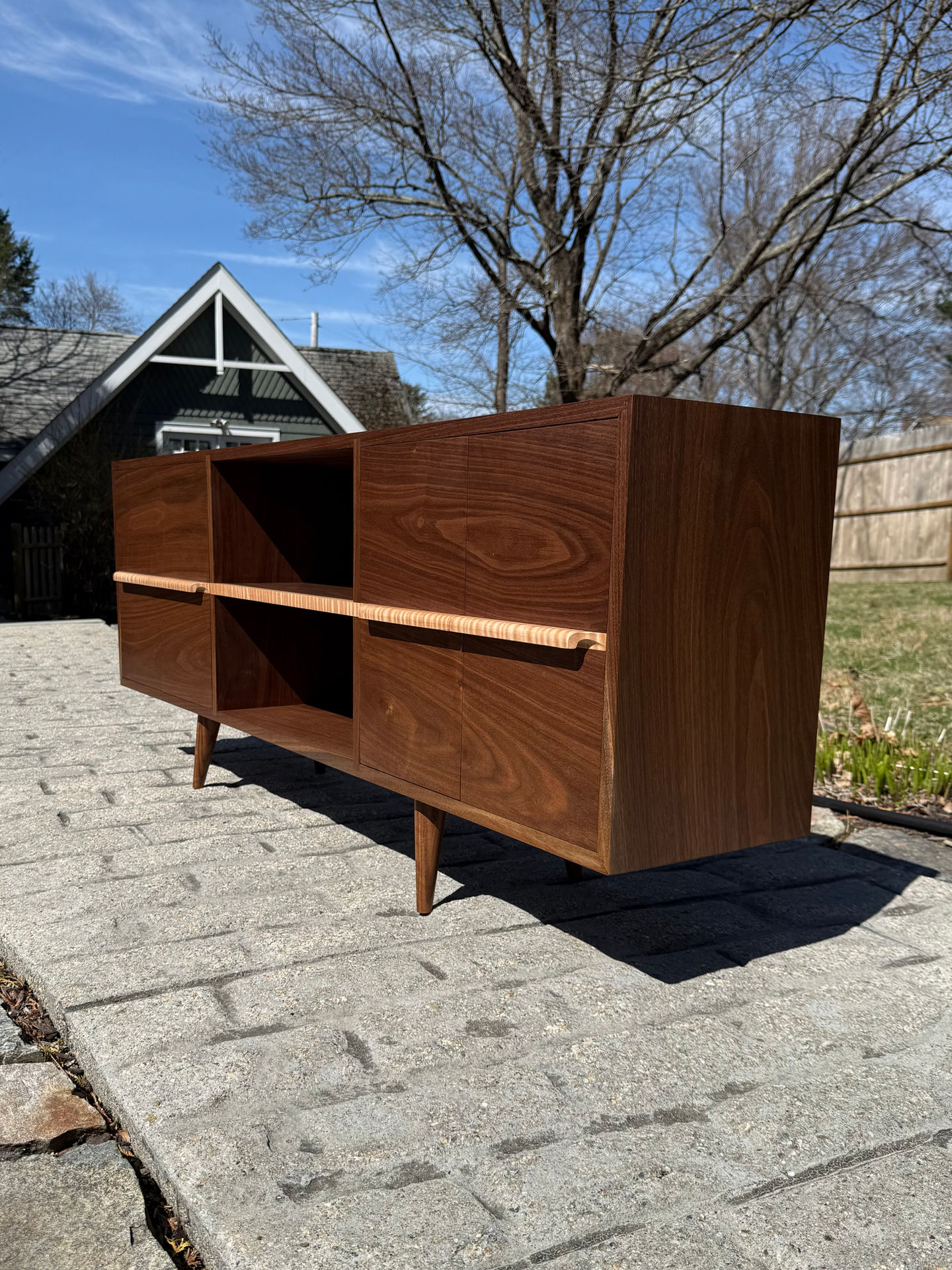 handmade black walnut and tiger maple mid-century TV console