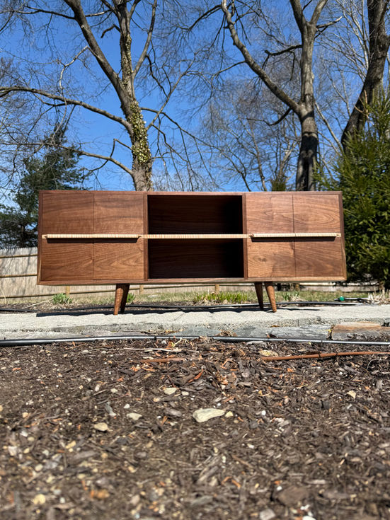 handmade black walnut and tiger maple mid-century TV console