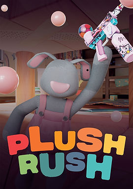 A bright and colorful 3D scene from the VR game Plush Rush. Players are in a giant-sized room, looking like toys themselves,