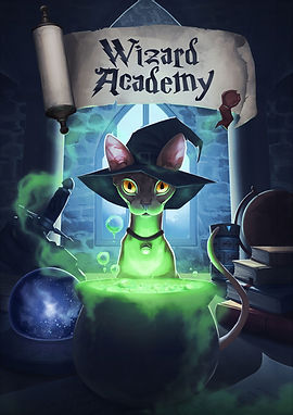 A magical 3D scene from the VR game Wizard Academy. Players are dressed as apprentices in a mystical stone castle, holding gl