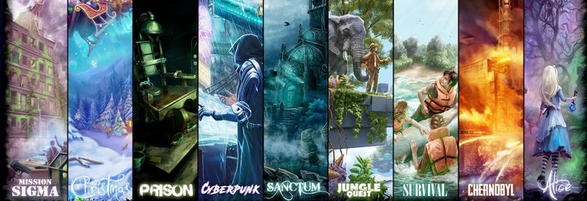 Multiple escape room themes including Prison break, futuristic, christmas, jungle quest, haunted house