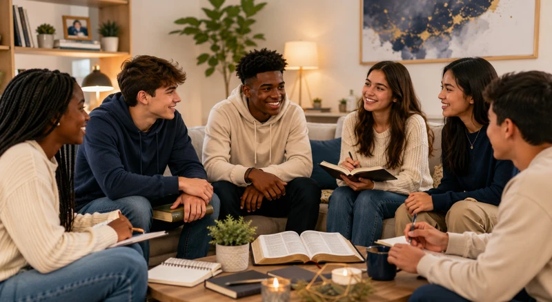 A diverse group of teenagers studying the Bible and encouraging one another.