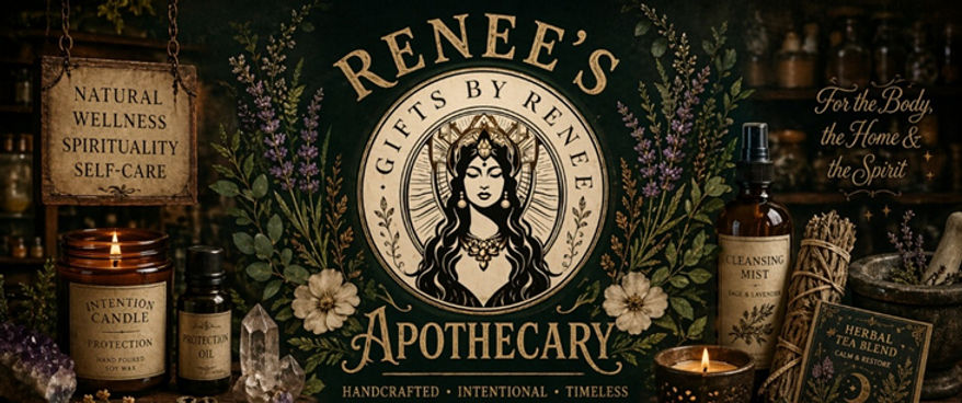 Gifts by Renee / Renee’s Apothecary logo with a central goddess figure symbolizing intuition, healing, and spiritual empower