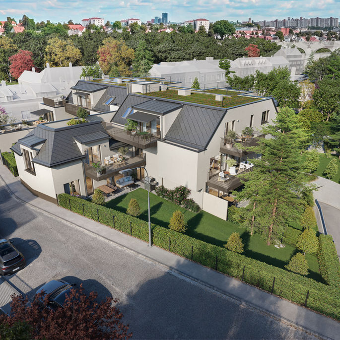 Moderne Wohnanlage mit großzügiger Dachterrasse und klarer Architektur – exklusives Immobilienprojekt der LENIKUS Gruppe in Wien.