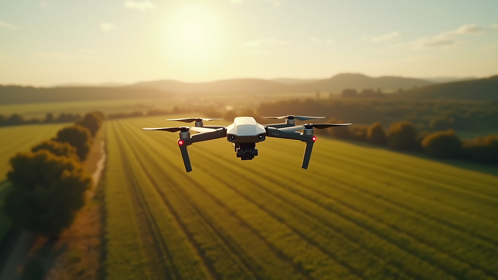 Vista aérea de un campo agrícola con drones en acción