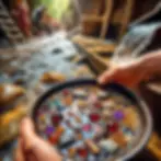 A person pans for gold and gems in a creek at Gold ‘n Gem Grubbin’ in Georgia, with small gemstones like garnet, sapphire, and amethyst visible in the pan alongside gold flakes. The water glistens under sunlight, and a rustic sluice setup is visible in the background, with families panning nearby.