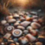 Prairie Agate stones scattered on the ground in the Oglala National Grassland, featuring a mix of polished and raw stones illuminated by soft natural light.