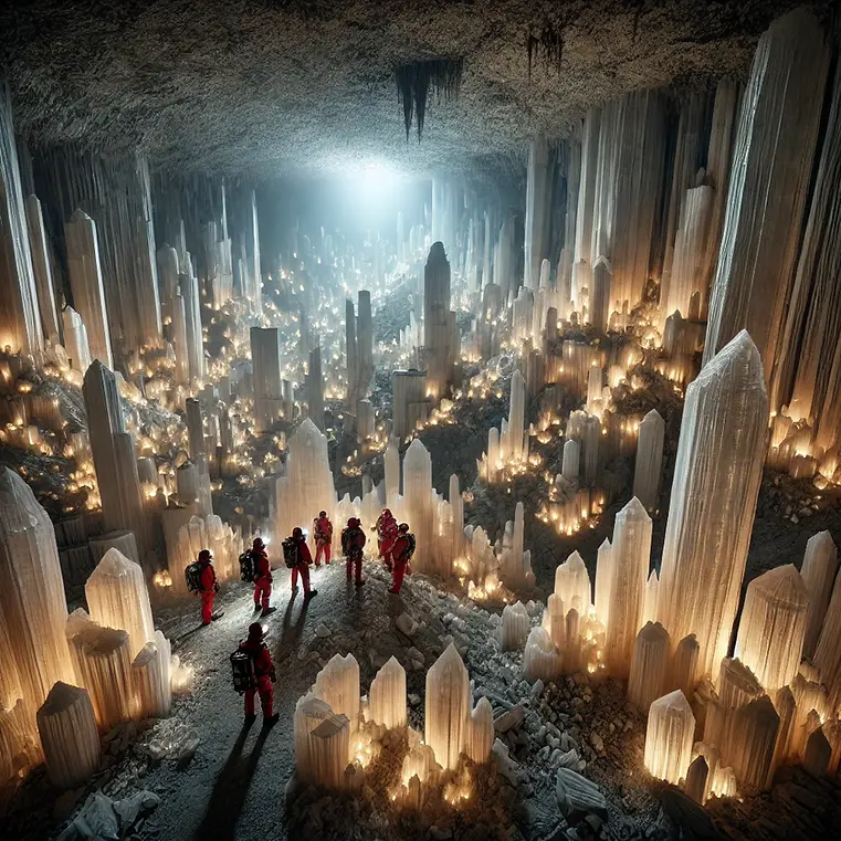 A scene showing the extreme environment within the Cave of Crystals in Naica, Mexico, with high temperatures and humidity levels visually represented, creating an otherworldly atmosphere around the massive selenite crystals.