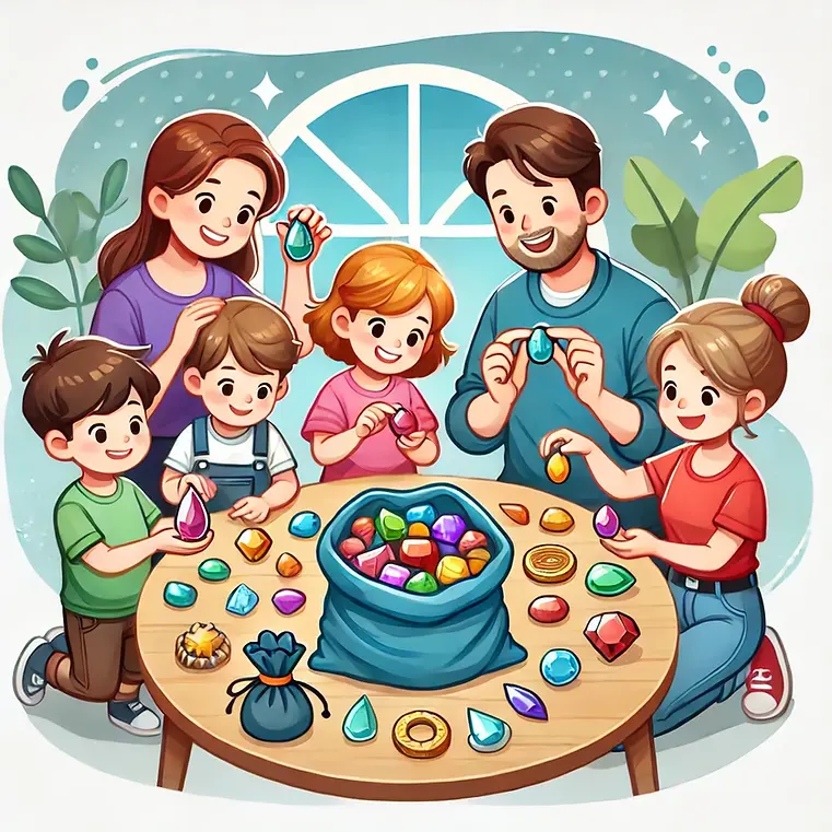 Family sifting through a bag of gemstones, with children holding colorful stones and parents helping to identify them. The scene highlights family fun and discovery.