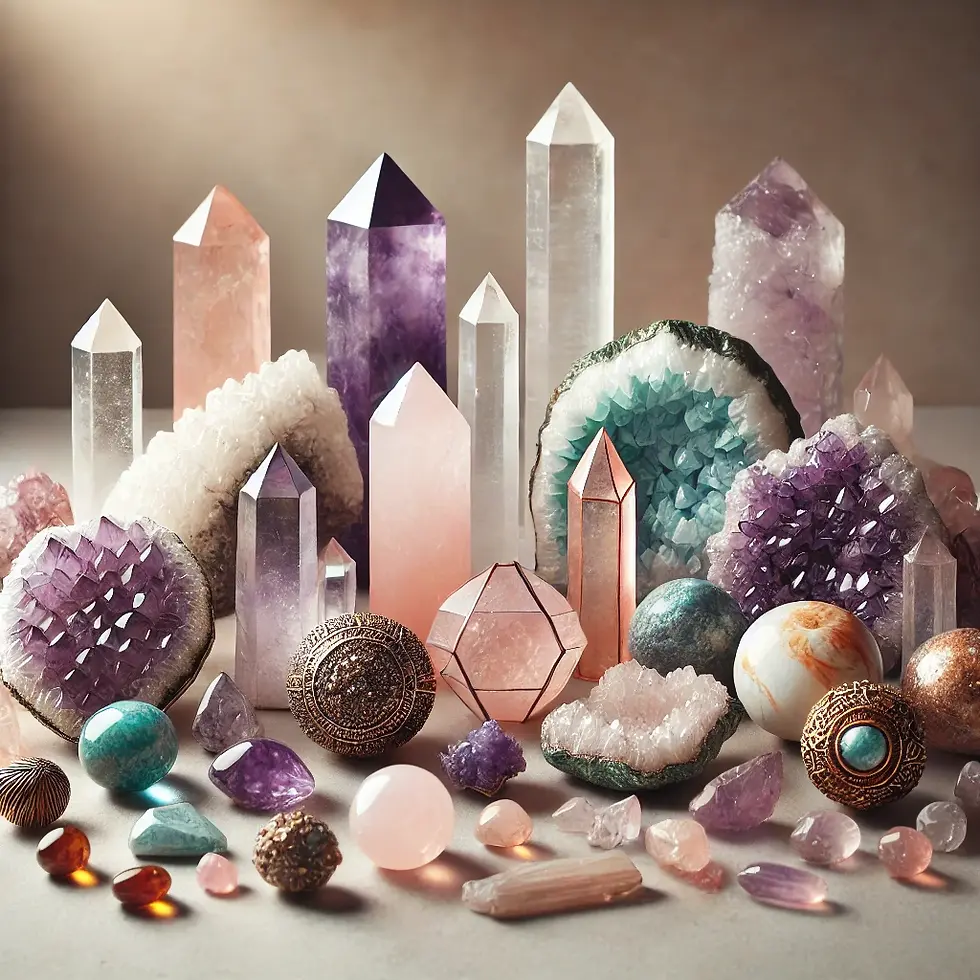 Visually appealing arrangement of various crystals, including Amethyst, Rose Quartz, and Amazonite, arranged by color or type on a neutral background with soft lighting highlighting their natural beauty.