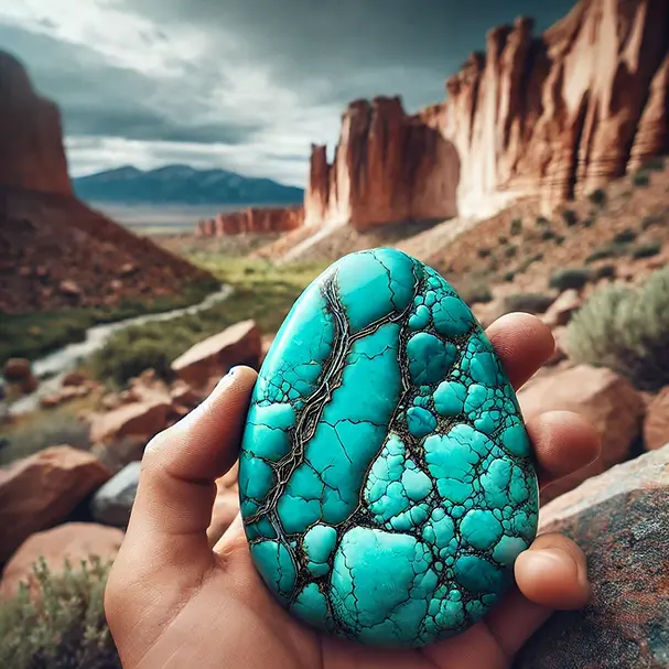Raw turquoise nestled among rocky outcrops in Colorado's landscape, with a close-up of turquoise jewelry showcasing its vibrant blue-green color, contrasting against the earthy tones of the surrounding rocks.