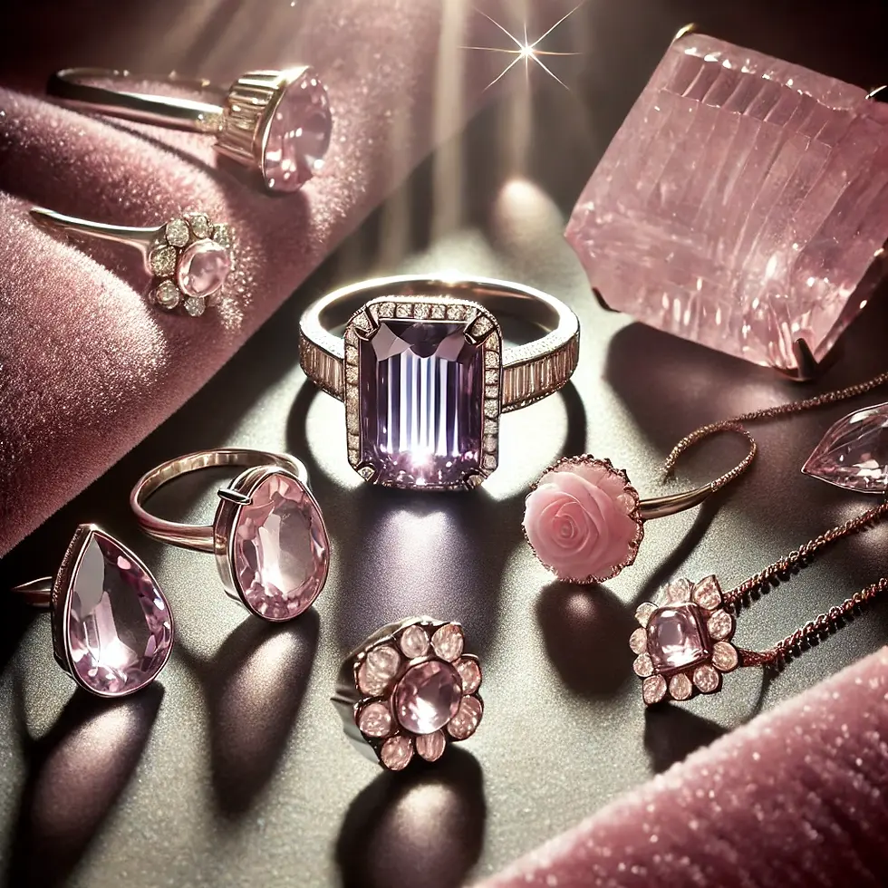 Glamorous image of quartz jewelry, featuring amethyst rings and rose quartz pendants, displayed in a luxurious setting with soft lighting.