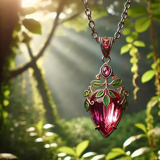 A beautiful Spinel pendant hanging from a delicate chain against a lush green natural backdrop with sunlight filtering through the trees.