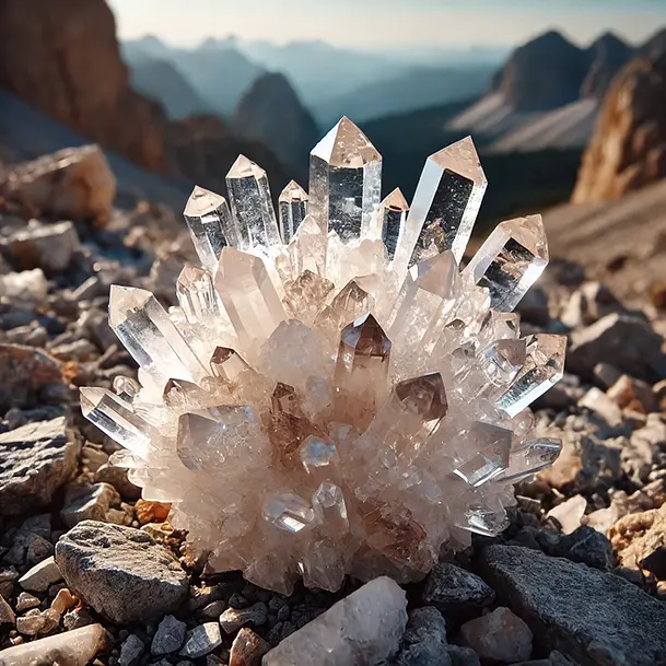 Cluster of quartz crystals sparkling in the sunlight, with rocky formations in the background. The crystals vary in clarity, showcasing both clear and smoky quartz found at Graves Mountain.