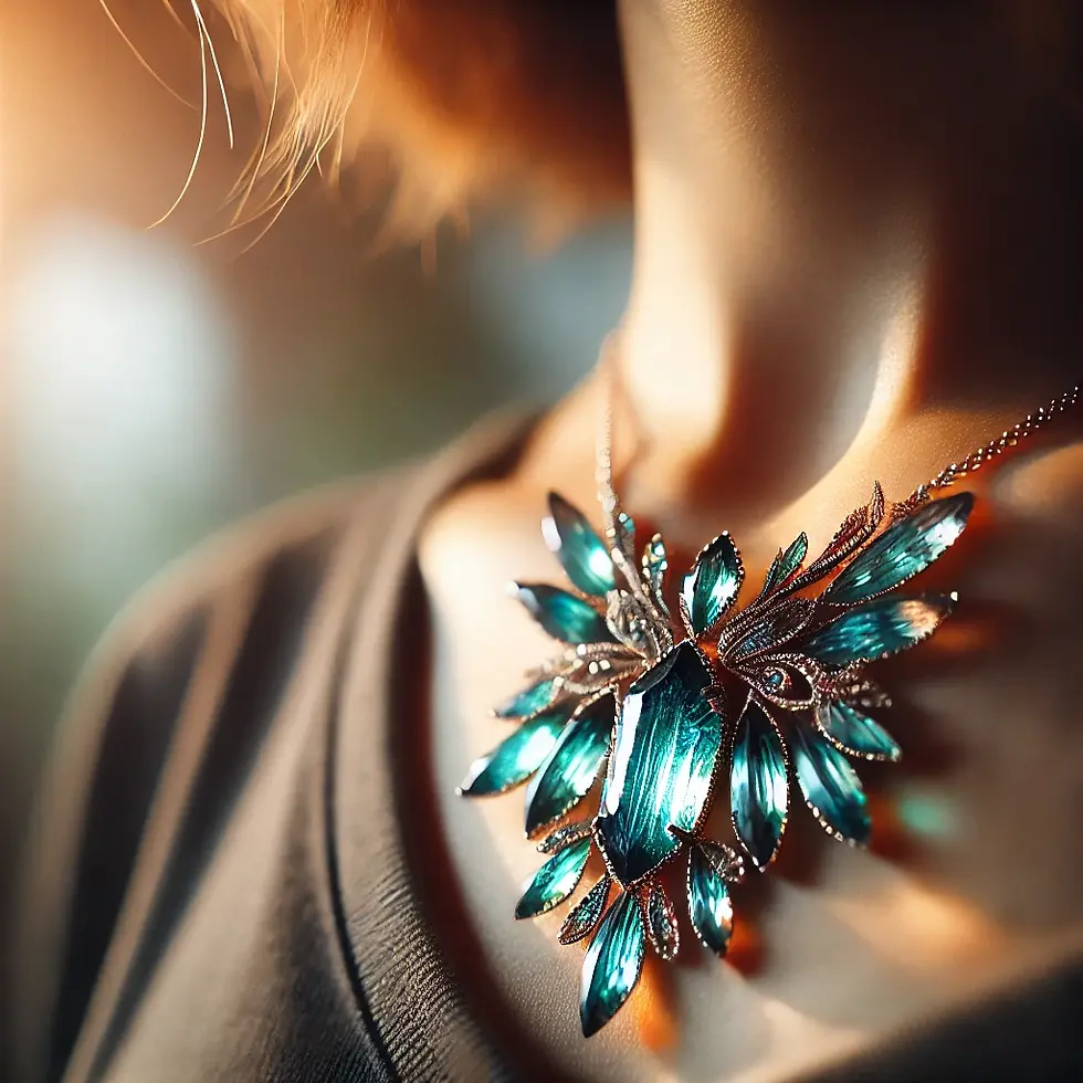 A close-up shot of Phoenix Crystal jewelry, such as a necklace or bracelet, showcasing the vibrant blue-green hues of the crystal. The warm, natural lighting highlights the intricate design of the jewelry, with a softly blurred background enhancing the crystal's beauty