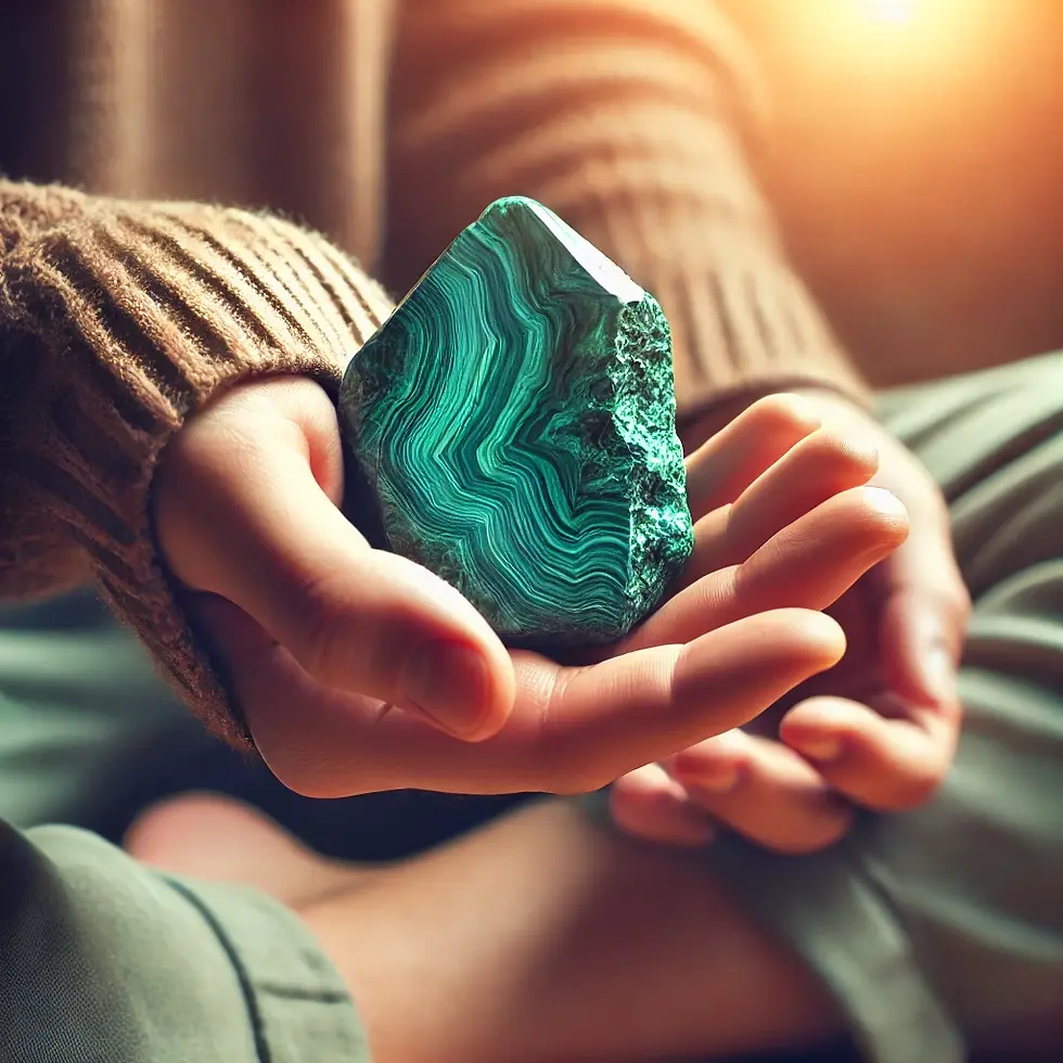 Person holding a malachite stone during meditation, emphasizing its use in spiritual practices against a serene background.