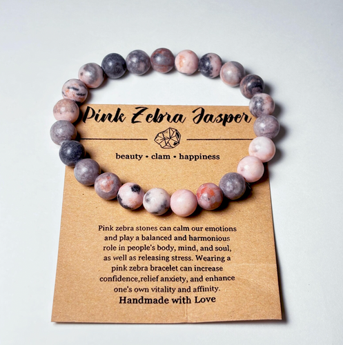 Pink Zebra Jasper Bracelet with Card – 8mm Stretch Crystal