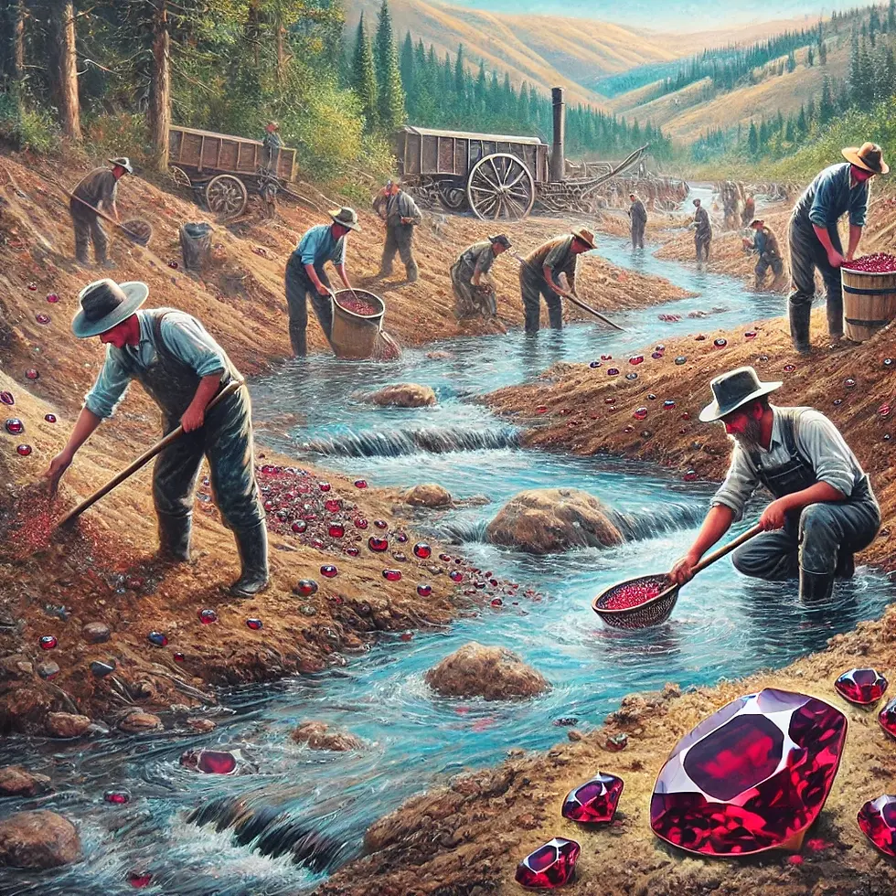 An artistic depiction of the process of mining Idaho Star Garnets in the Panhandle region, showing miners sifting through riverbeds in rich, earthy soil. The natural beauty of Idaho's landscape, including dense forests and rolling hills, is featured in the background.