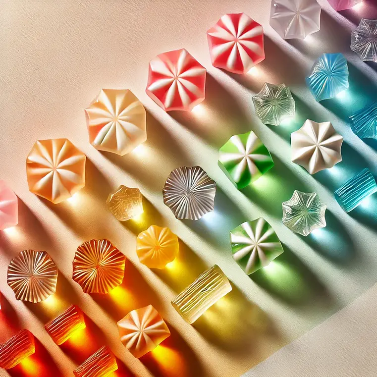 Flat-lay image of kohakutou candies arranged in a gradient of colors and shapes on a pastel surface.