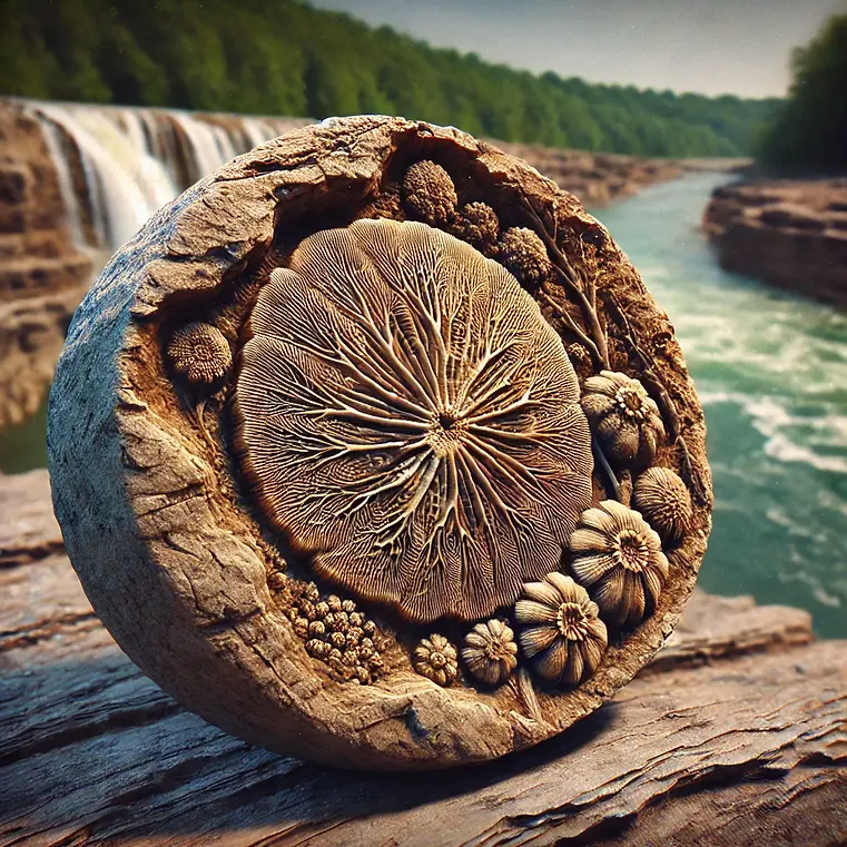 Close-up of a fossilized coral embedded in rock at Falls of the Ohio State Park. The intricate details of the fossil are highlighted, with the Ohio River visible in the background, showcasing Indiana’s rich geological history.