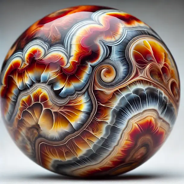 Close-up of Ohio flint showcasing vibrant colors like red, yellow, gray, and brown, with a glossy surface. The image highlights the intricate patterns and smooth texture that make this gemstone unique.