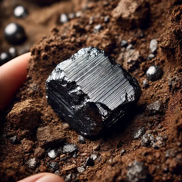 Raw piece of hematite resting on earthy soil or rocky terrain, with its natural, metallic sheen standing out against the rough background. The image emphasizes the contrast between the stone's raw form and its inherent beauty