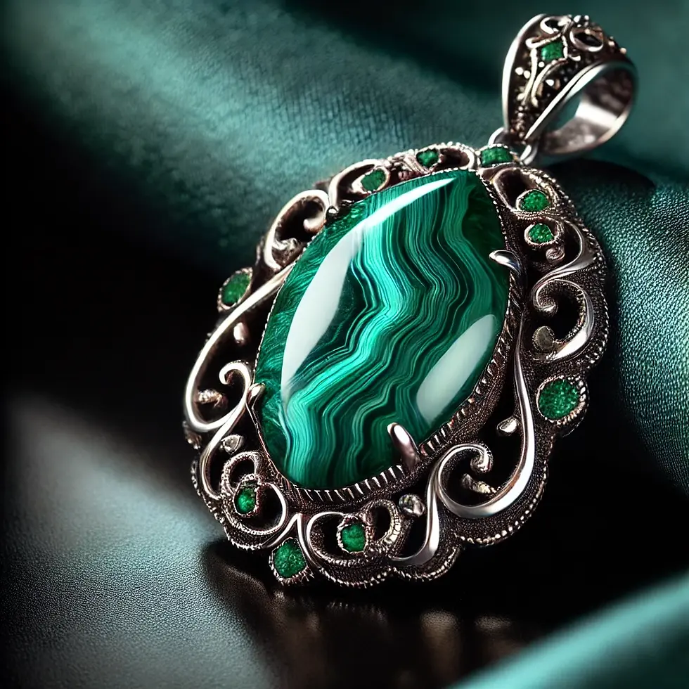 Close-up of a malachite pendant displayed against a dark background, highlighting its vibrant green color and intricate setting.