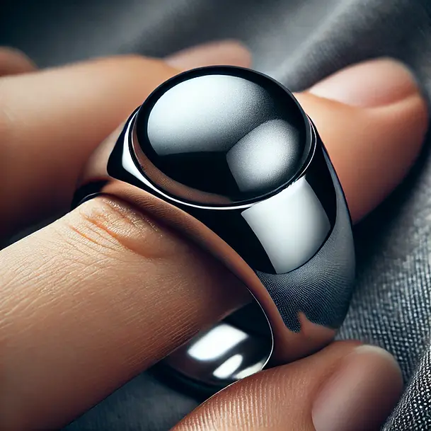 Close-up of polished hematite jewelry, such as rings or bracelets, showcasing the stone’s sleek, metallic grey surface. The image highlights the reflective quality of the hematite, with light glinting off the surface to enhance its elegant appearance.
