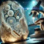 A close-up of a giant selenite crystal with tiny ancient microbes trapped inside, illuminated by light and magnification effects, showcasing the mystery of life forms preserved in crystals for tens of thousands of years