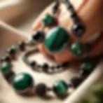 A close-up of Earth gemstone jewelry, featuring malachite and hematite, designed to promote emotional balance and grounding energy throughout the day.