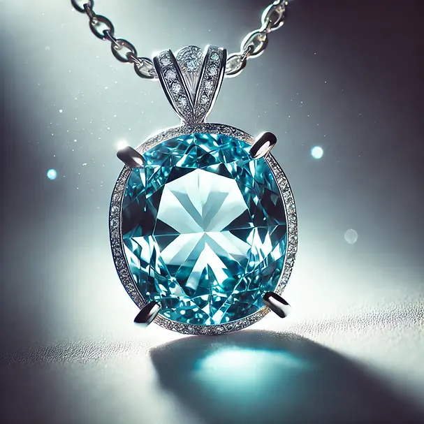 Elegant aquamarine pendant sparkling in soft lighting, showcasing the gemstone’s clarity and vibrant blue color, highlighting its beauty and elegance.