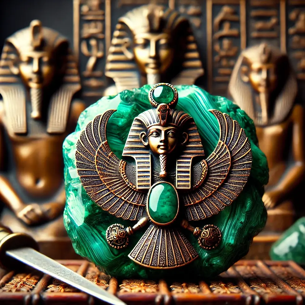 Historical artifact decorated with malachite in an ancient Egyptian or Roman setting, highlighting the stone’s historical significance.
