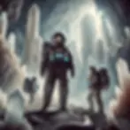 Scientists in advanced cooling suits explore the Giant Crystal Cave, dwarfed by towering selenite crystals, highlighting the cave's immense scale and harsh conditions.