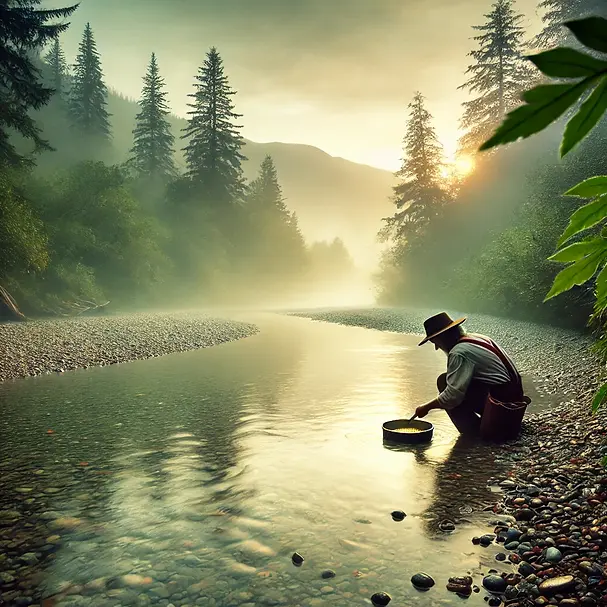 Serene image of a prospector kneeling by the Skagit River, carefully panning for gold. The river flows gently beside a forested area, with early morning mist adding to the tranquility of the scene. The focus is on the prospector’s concentration and the anticipation of finding gold.